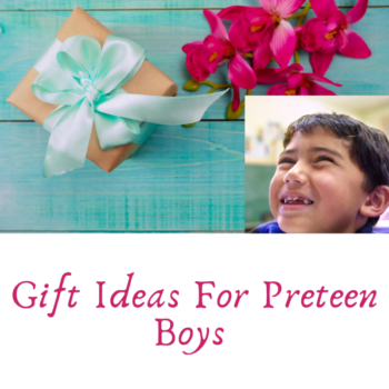 alt ='A boy smiling while looking at the Christmas gifts with the text "Gift Ideas for Preteen Boys""
