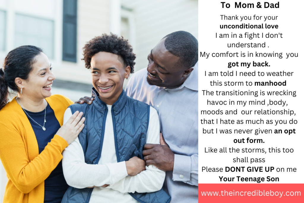 alt =" Mom, dad and their teenage son , with a letter from the teen boy  to his parents"